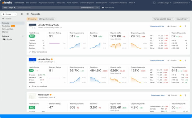 Screenshot of Ahrefs SEO dashboard displaying various metrics such as Health Score, Domain Rating, and Organic Traffic.