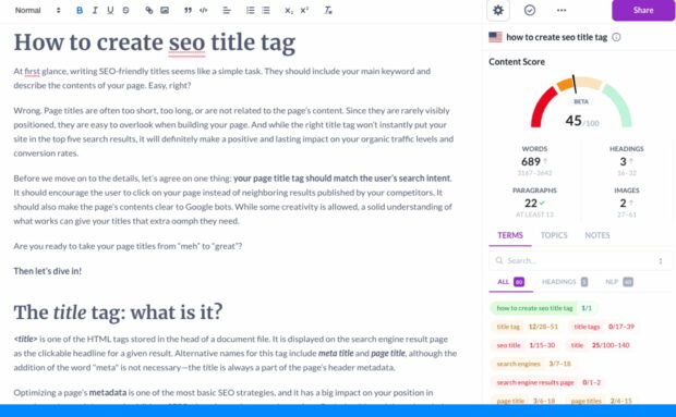 Interface displaying SEO analysis and suggestions for creating title tags.