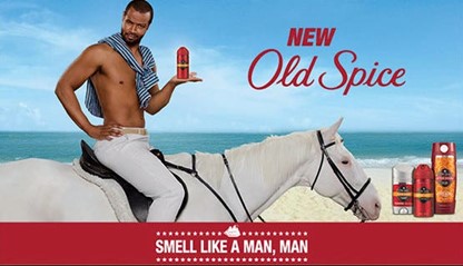 Advertisement for Old Spice with man on horse holding product on beach.