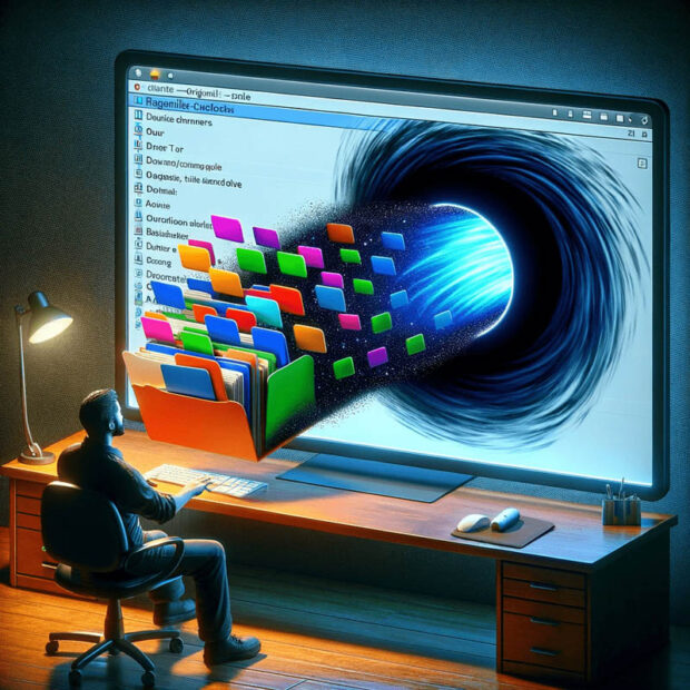 Man looking at a computer screen with a data vortex coming out, symbolizing data transfer.