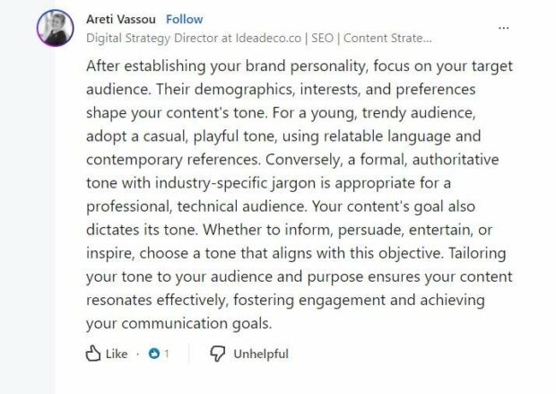 LinkedIn post by Areti Vassou on tailoring content tone to audience demographics and interests.