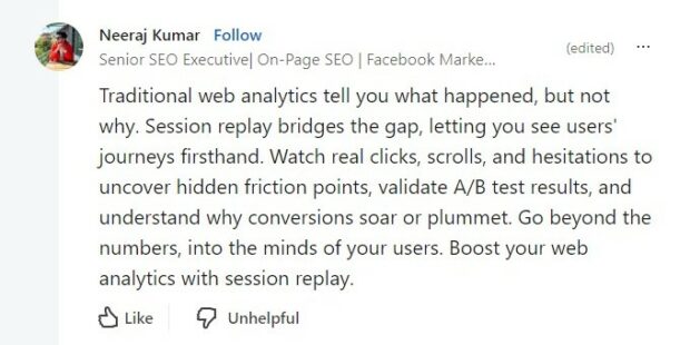 screenshot of linkedin session replay techniques comment by Neeraj Kumar