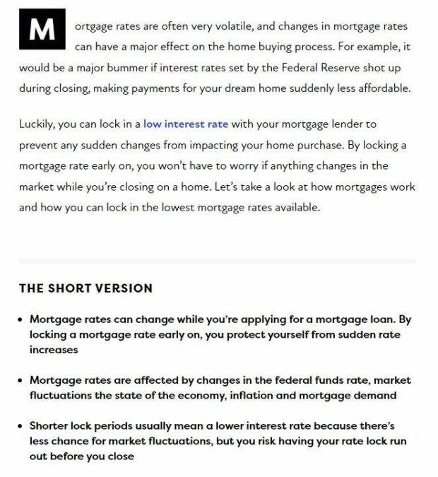 Article on mortgage rates with a brief explanation and tips for locking in low rates.