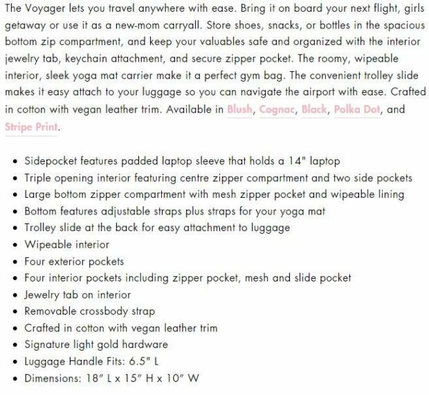 Product description for a versatile travel bag from the website Poppy & Peonies with detailed features and color options.