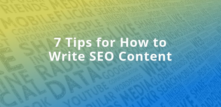 Cover image for blog post on how to write SEO content with various digital marketing words in the background