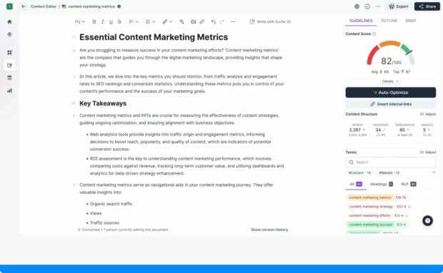 Screenshot of SurferSEO content editor with sections on essential marketing metrics and content score.