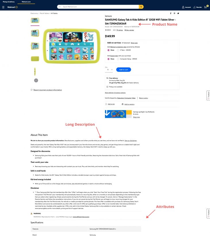 Example of how SEO is used in Walmart Marketplace listings.