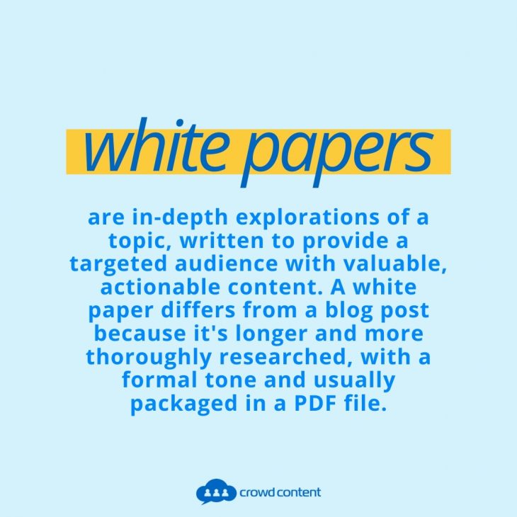 This is a text-based image. White Papers is highlighted in yellow, and the definition of a white paper is written below that.