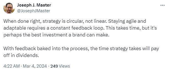 X post by Joseph J. Master discussing the importance of a circular strategy with feedback.