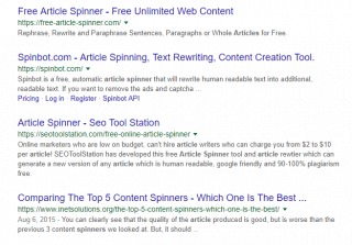 Google search result showing multiple article spinning tools