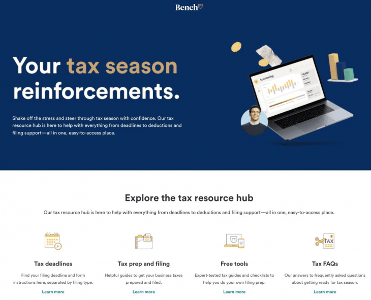 Screenshot of Bench's hub for tax season to drive customer loyalty for B2B content marketing goals.