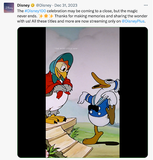 Disney tweet with cartoon of a chicken and a duck from The Wise Little Hen.