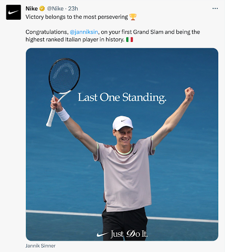 Nike tweet celebrating Jannik Sinner's Grand Slam victory.