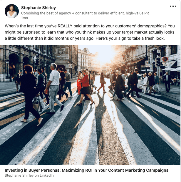 LinkedIn post by Stephanie Shirley about customer demographics with a city street photo.