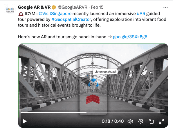 Google AR & VR Twitter post about #AR guided tour in Singapore.