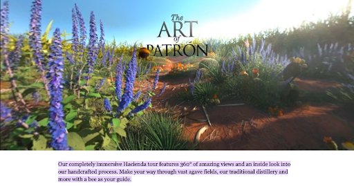 Immersive virtual field with purple flowers and distillery tour path, The Art of Patron at the top.