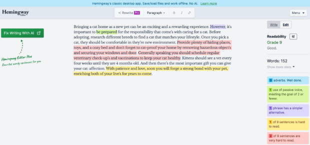 Hemingway Editor highlighting sentences and phrases with varying readability levels in a text about caring for a new pet cat.