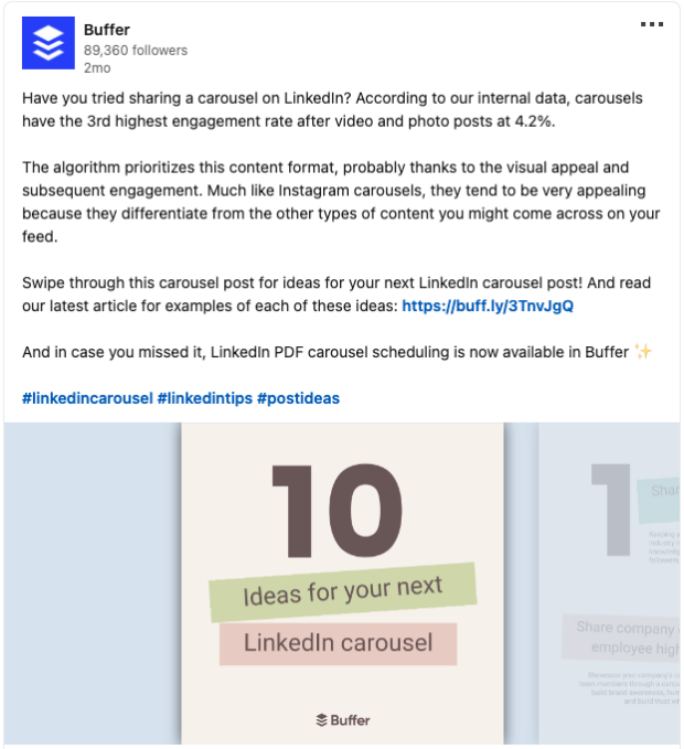 LinkedIn post by Buffer discussing engagement rates of carousel posts.