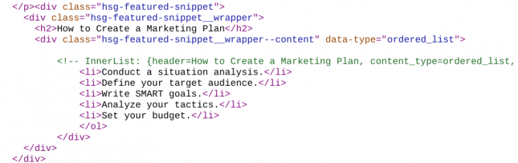 Screenshot of HubSpot's source code for their content targeting a featured snippet for B2B content marketing goals.