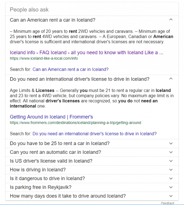 Screenshot of Google results showing people also ask questions in the featured snippets, linking to city pages using schema