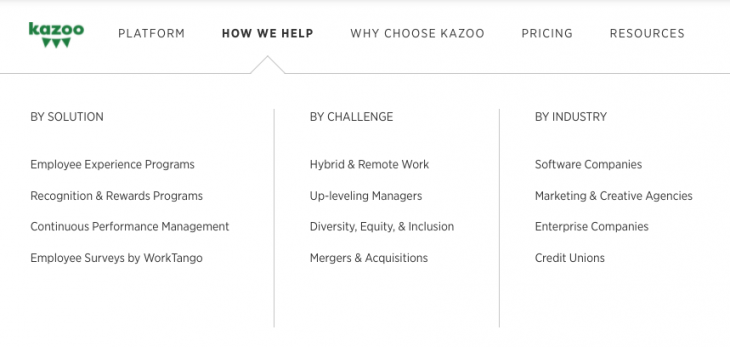 Screenshot of Kazoo's homepage targeting industries around personas for B2B content marketing goals.