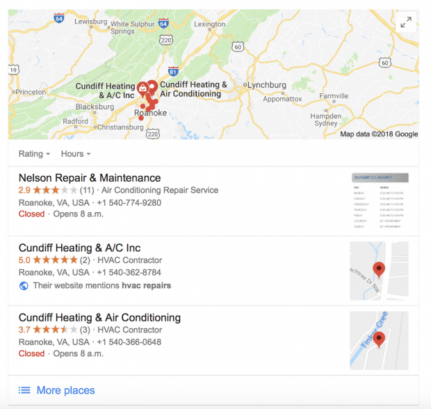 Screenshot showing an example of Google's local pack