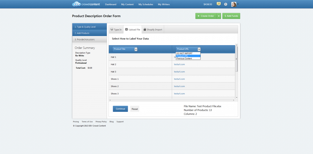 Product Order - CSV File Select Boxes