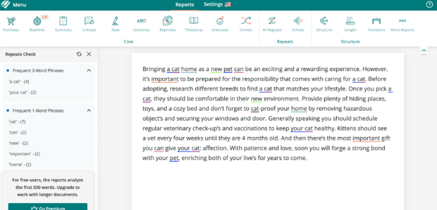 ProWritingAid suggestions screen highlighting grammar and style improvements for a text about bringing a new cat home.