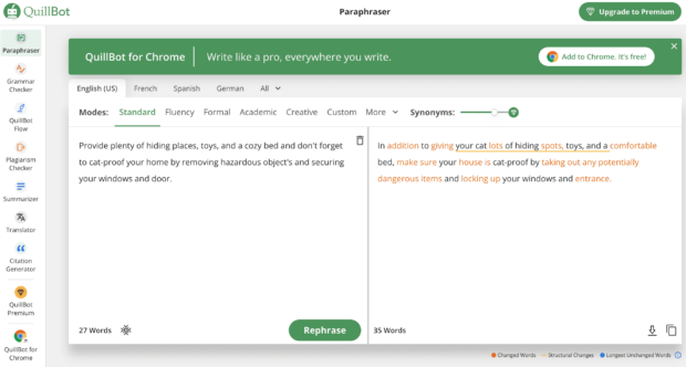 Quillbot paraphrasing tool comparing two versions of a sentence on providing a comfortable environment for a new cat.