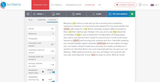 Scribens grammar check screen showing corrections and readability analysis for a text on adopting and caring for a cat.