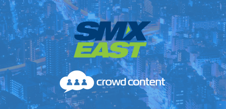 Photo showing Crowd Content and SMX East logos overlaid on a city photo