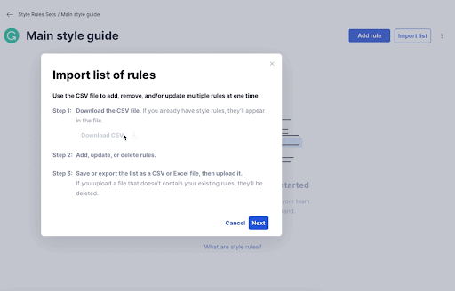 Screenshot of style guide interface for importing rules.