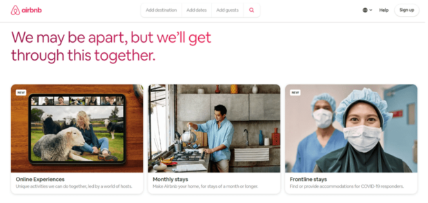 Airbnb webpage highlighting community support during a crisis.