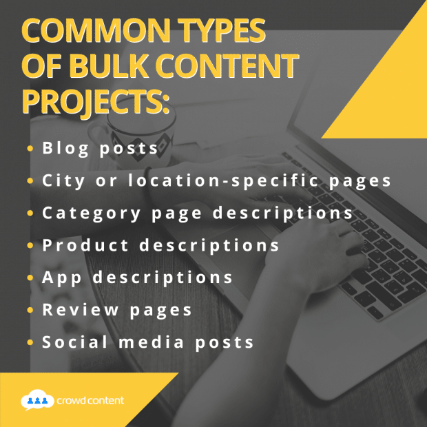 A list of common bulk content types with person working on laptop in the background