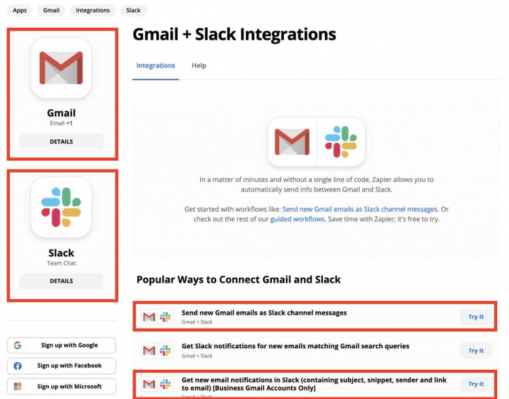 Screenshot of Zapier's page for Gmail & Slack to create revenue for B2B content marketing goals.